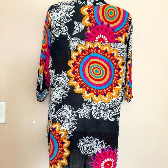 Nita Women's Tunic Dress Top Button Up 3/4 Sleeve Boho Black Multicolored XL/G - Picture 3 of 9